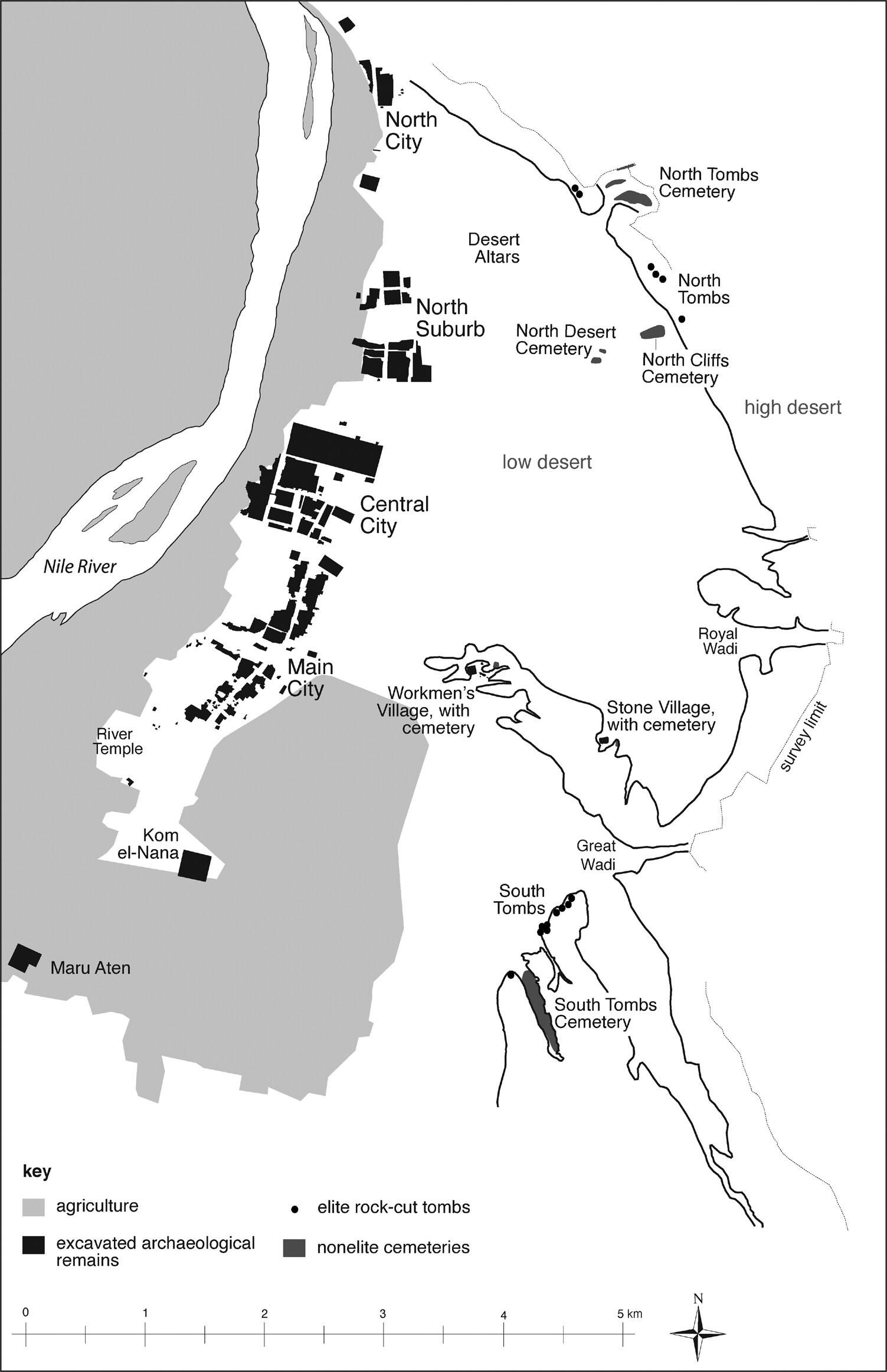 Mapa de Amarna que muestra la ubicación de los cementerios de la ciudad y otros sitios clave