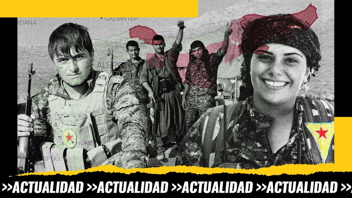 Montaje: tres fotos de archivo de soldados de las Unidades de Protección Popular (YPG) bajo un mapa de las regiones que forman el Kurdistán independiente en el norte de Siria a principios de 2026