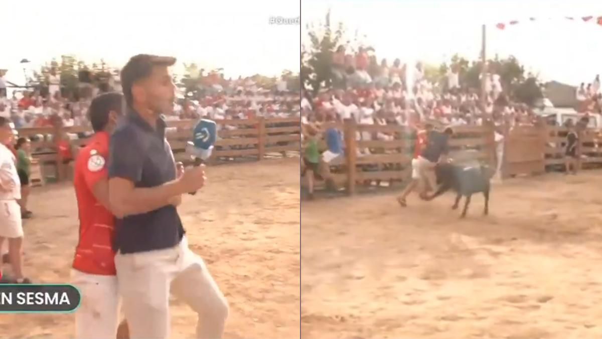 Un reportero de ETB acaba siendo cogido por una vaquilla tras ser "empujado" por un espontáneo