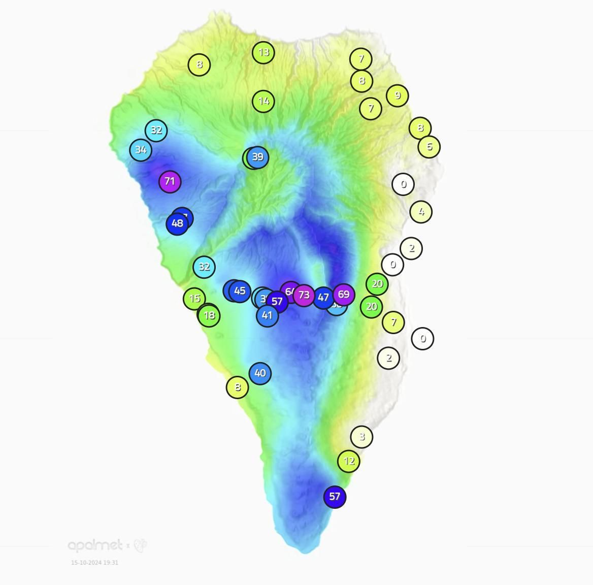 Mapa de Apalmet de la lluvias registrada  en diversos puntos de La Palma este martes , 15 de octubre, hasta las 19.40 horas.