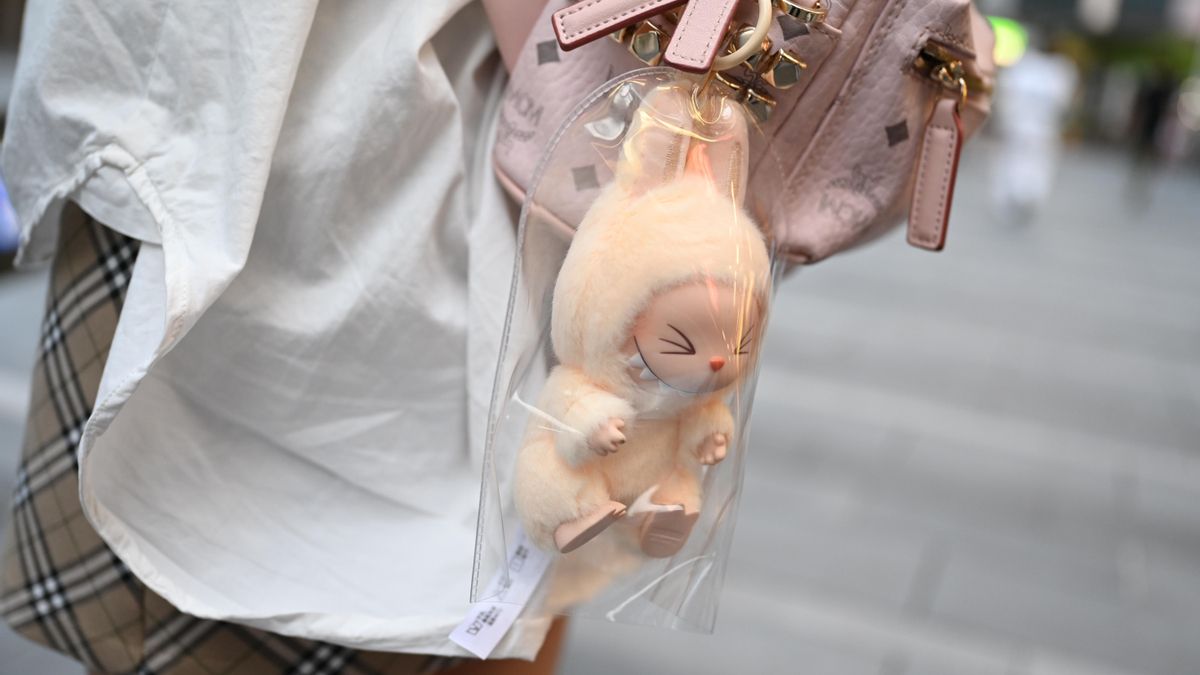 Una mujer lleva colgado un Labubu con una funda protectora