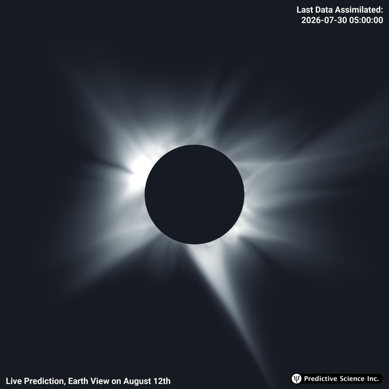 Simulación de la corona solar prevista para el eclipse del 12 de agosto, calculada con el superordenador de La Palma para la ubicación de Palencia. Crédito: IAC / Predictive Science Inc. (PSI).