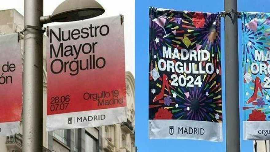 El progresivo borrado de reivindicaciones y las siglas LGTBIQ+ en los carteles del Orgullo del Madrid de Almeida