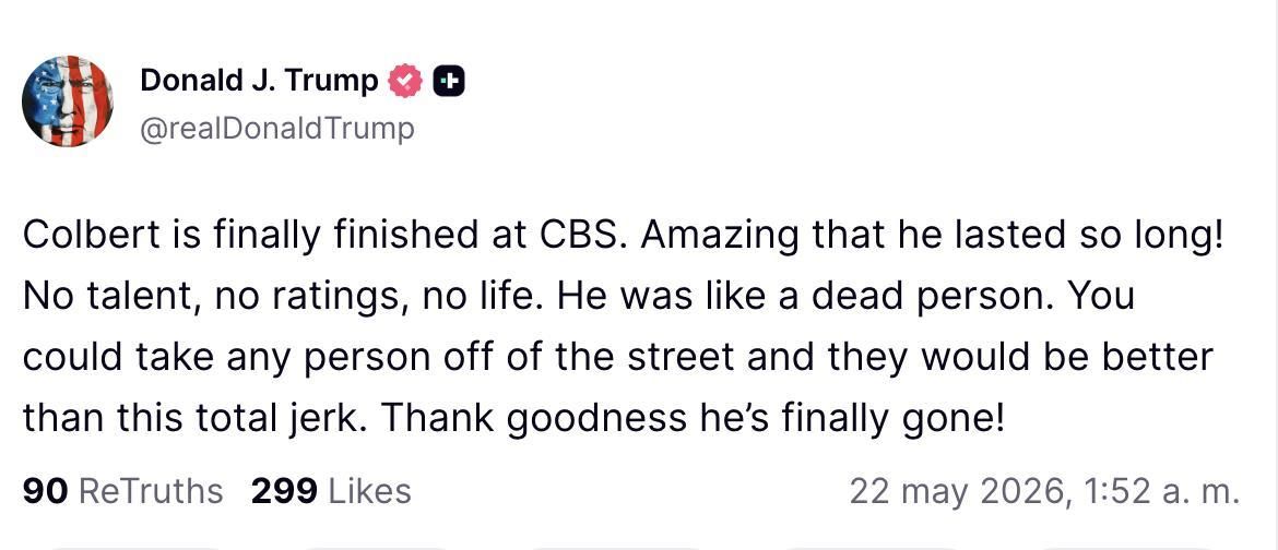 Truth Social de Trump sobre la despedida de Colbert.