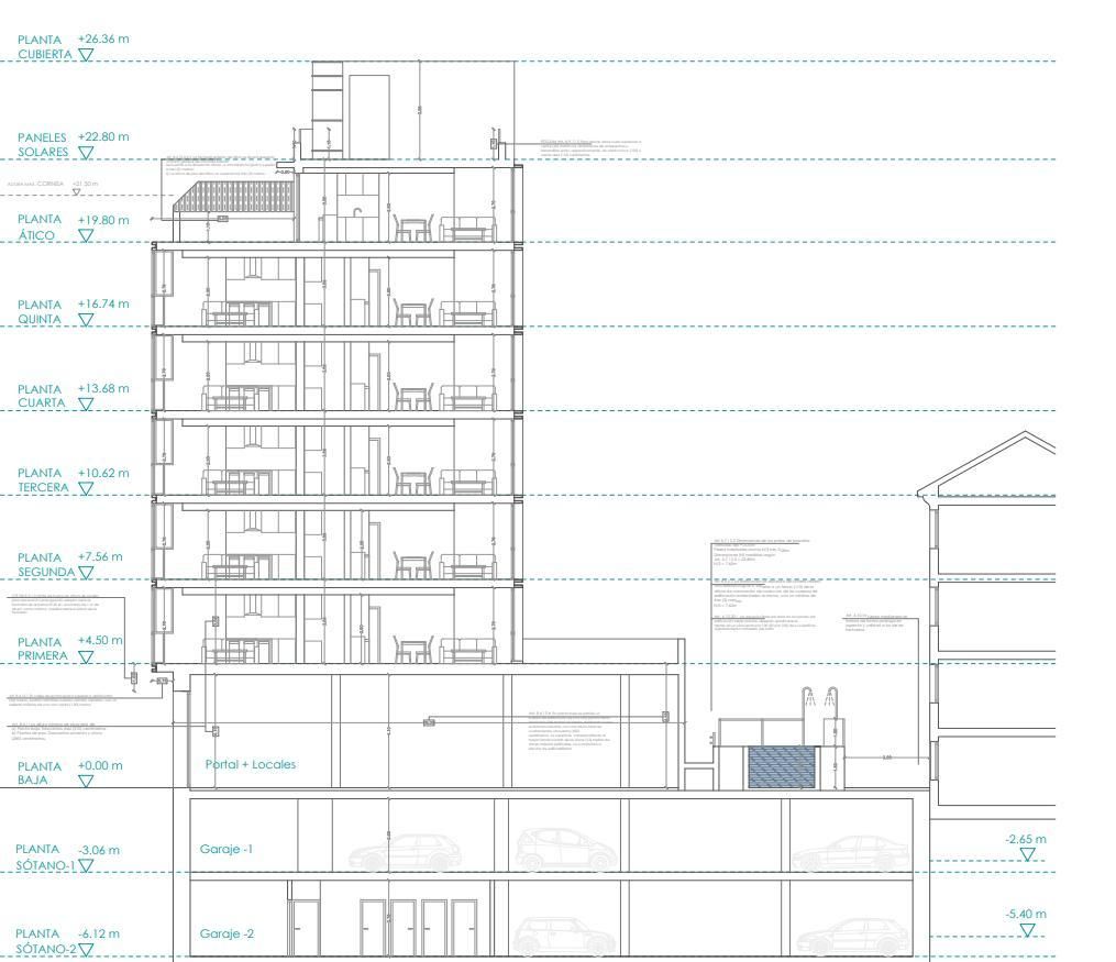 Plano del inmueble que se va a edificar en los número 12 y 16 de la avenida de la Albufera. Vista lateral, en la que se aprecia la actuación sobre el terreno ocupado por el edifico que ha ardido ahora (entre el nuevo bloque de edificios y el ya existente detrás de la parcela).