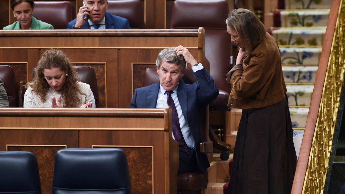 El presidente del PP, Alberto Núñez Feijóo (c), durante una sesión plenaria en el Congreso de los Diputados, a 23 de septiembre de 2025, en Madrid (España).