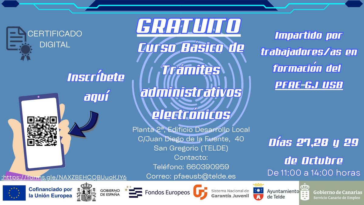 Cartel del curso gratuito de trámites administrativos electrónicos en Telde.