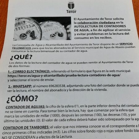 Circular del Ayuntamiento de Teror pidiendo la colaboración ciudadana para la lectura de los contadores de agua
