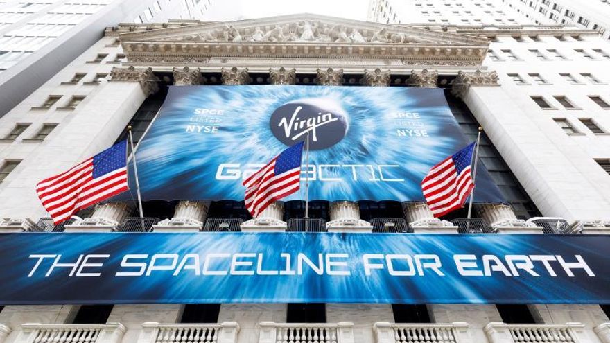 A view of the front of the New York Stock Exchange on the first day of trading of Virgin Galactic Holdings shares in New York, New York, USA, on 28 October 2019.