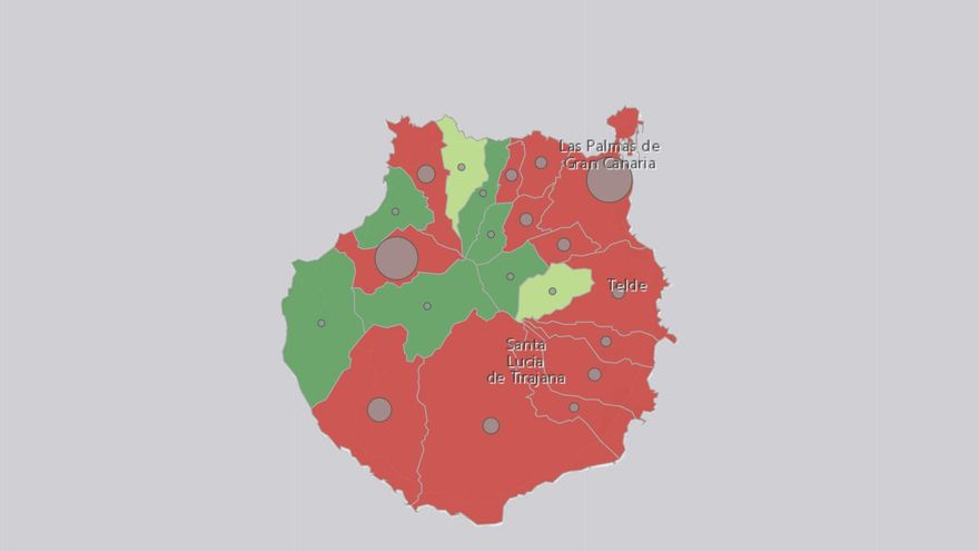 En rojo, las localidades de Gran Canaria con mayor incidencia acumulada en los últimos siete días