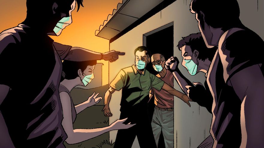 Ilustración sobre varias personas señalando a dos vecinos.