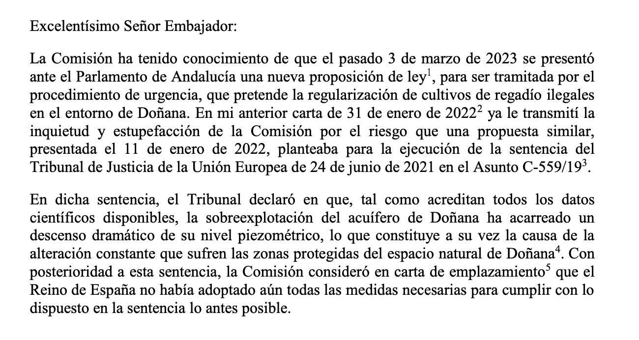 Carta de la Comisión Europea a España sobre Doñana de marzo de 2023.