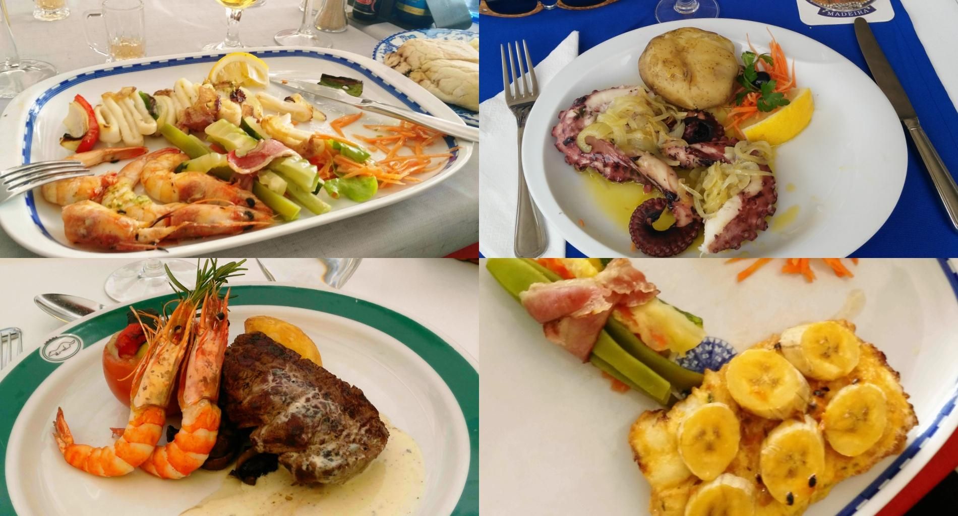 Varios platos típicos de la gastronomía madeirense, donde abunda el pescado, el marisco y la carne de buey