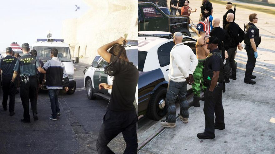 Menores migrantes junto a la Guardia Civil junto a un fotograma del videojuego GTA V