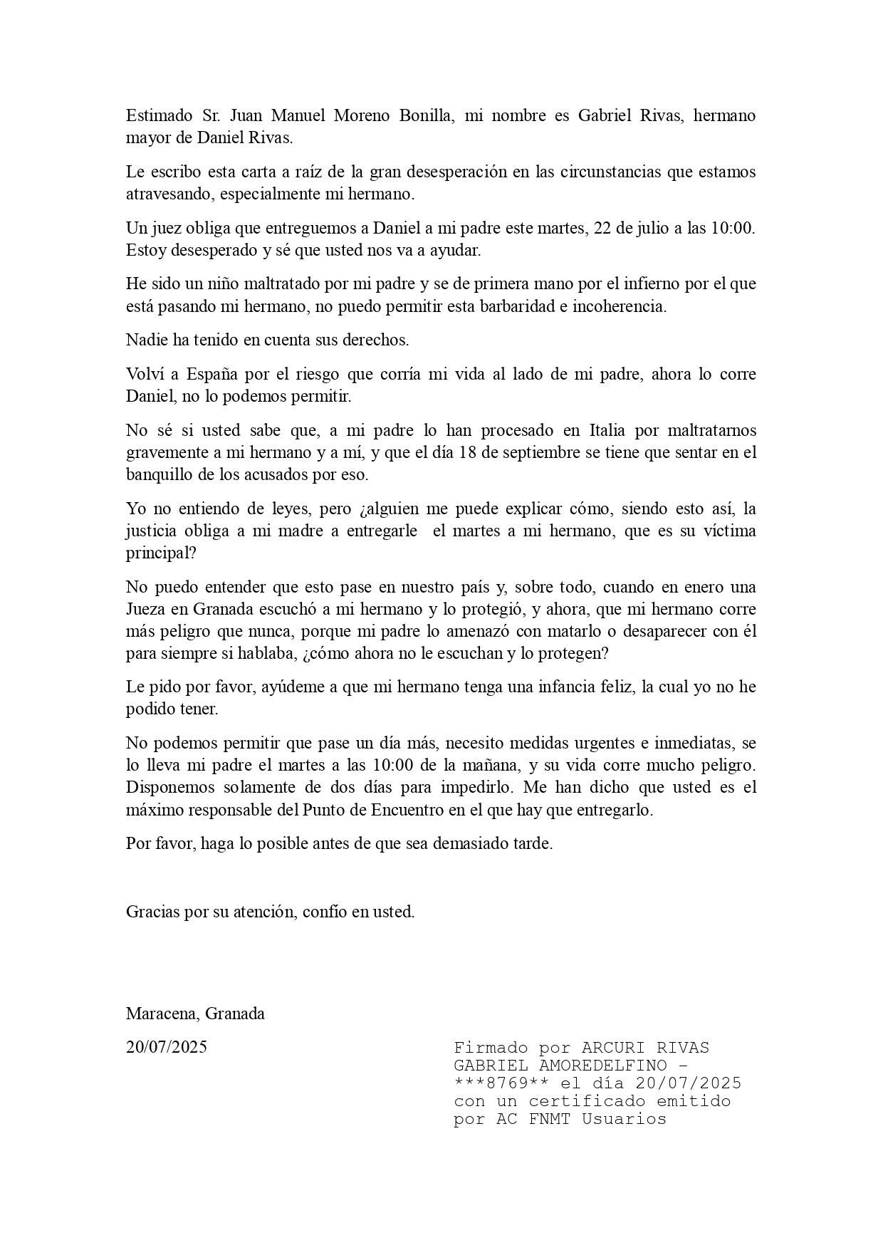 Carta remitida por Gabriel a Juan Manuel Moreno en defensa de su hermano.