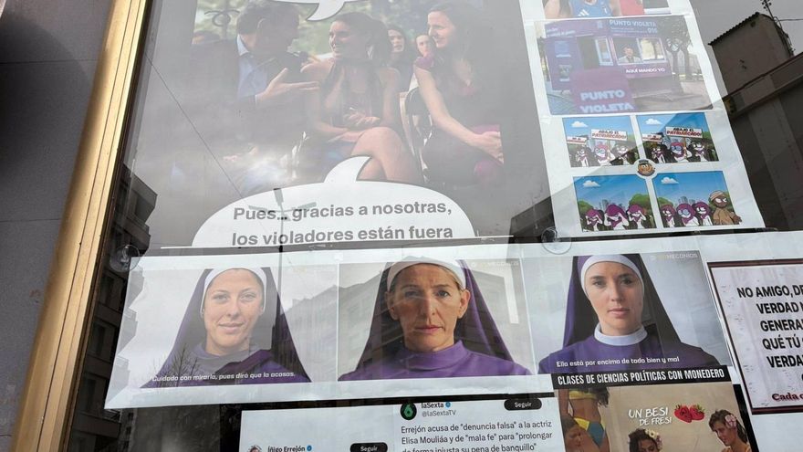 Vox Cuenca decoró su sede antes del 8M con Jennifer Hermoso vestida de monja: "Cuidado con mirarla, dirá que la acosas"