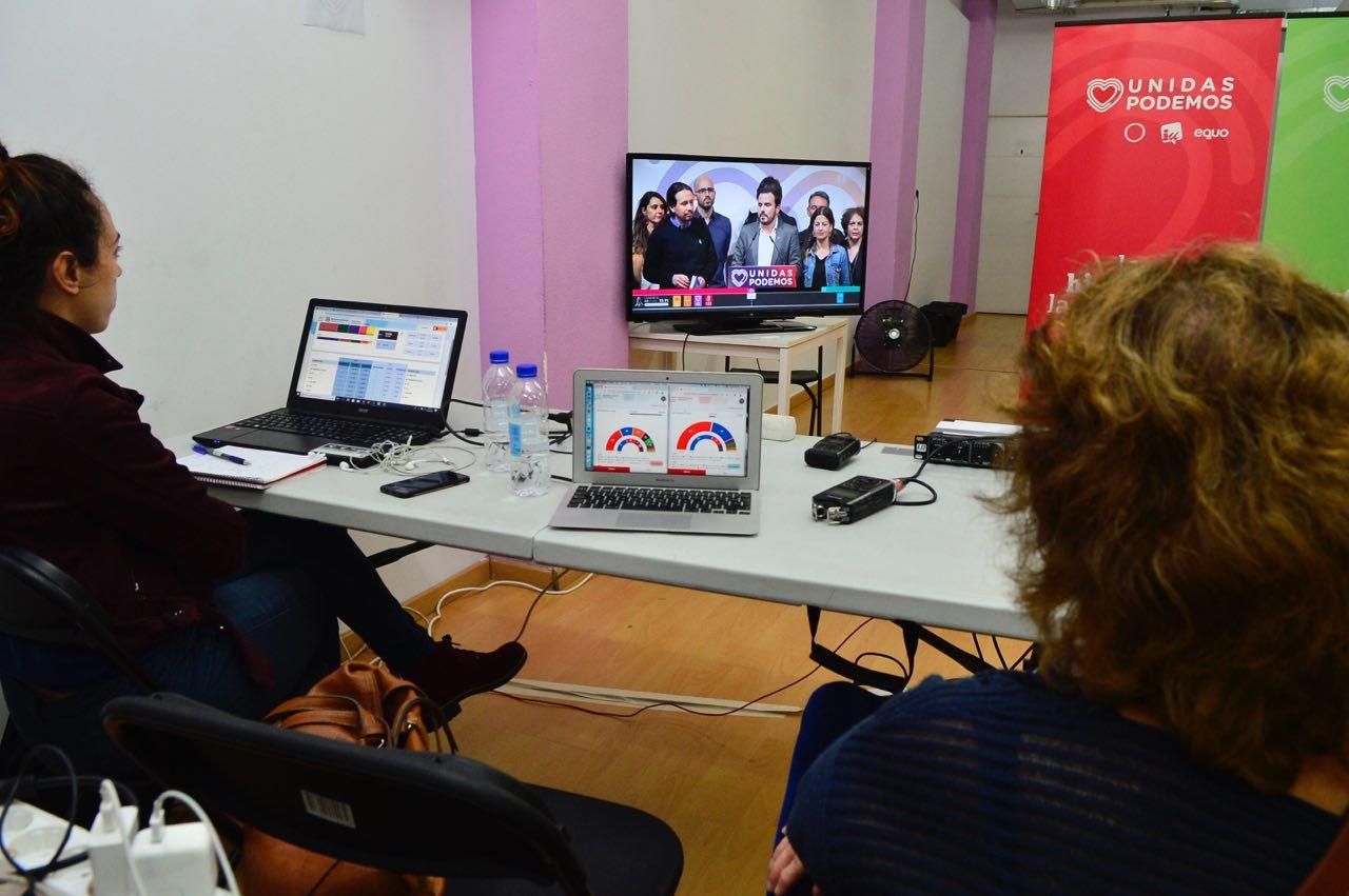 Sede de Podemos en la noche electoral del 28A.