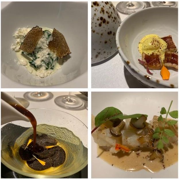 Espinacas, anguila, caldo de cebolla y cigala