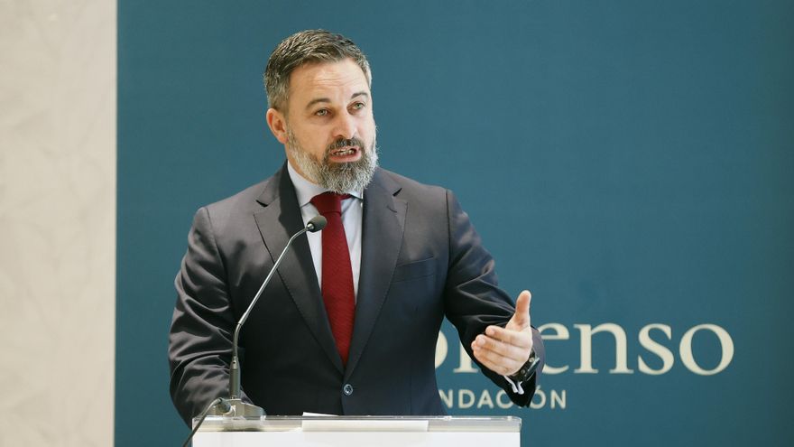 El líder de Vox, Santiago Abascal, inaugura la jornada 'El futuro de la comunidad atlántica: libertad y soberanía', organizada por la fundación Disenso y Heritage Foundation, este viernes en un hotel madrileño. EFE/ J P Gandul