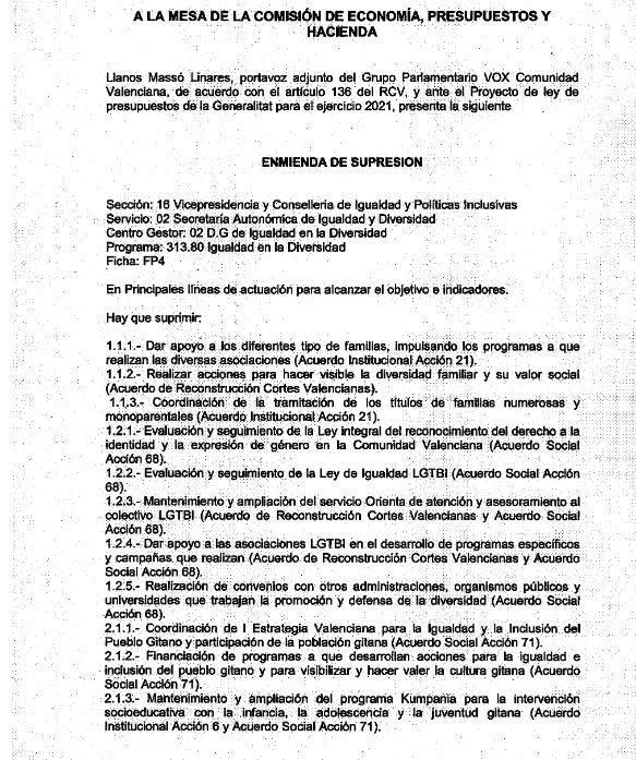 Una de las enmiendas de Vox a los presupuestos de Igualdad.