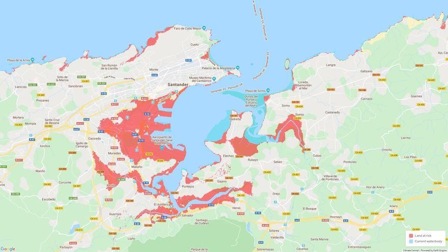Mapa de zonas con mayor riesgo de inundación en el área de la bahía de Santander.