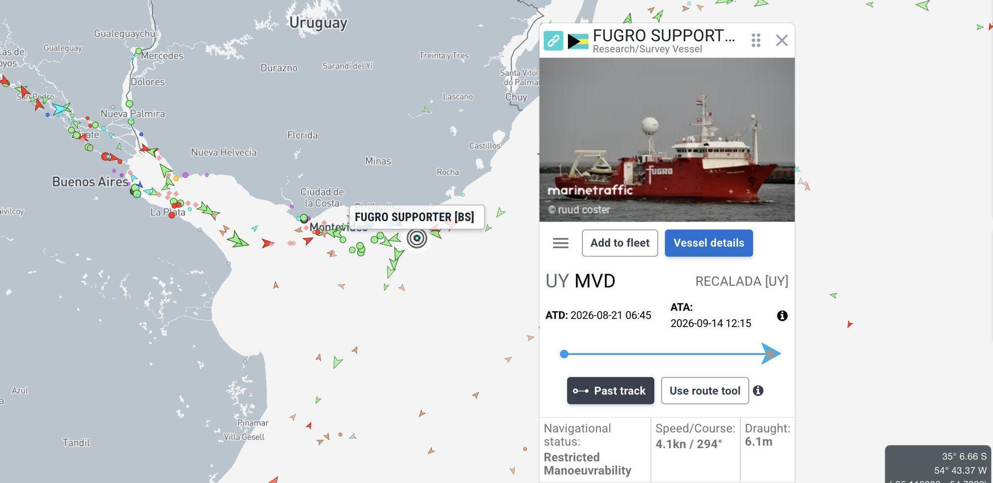 El buque de Fugro está frente a las costas uruguayas, este lunes 14 de septiembre.
