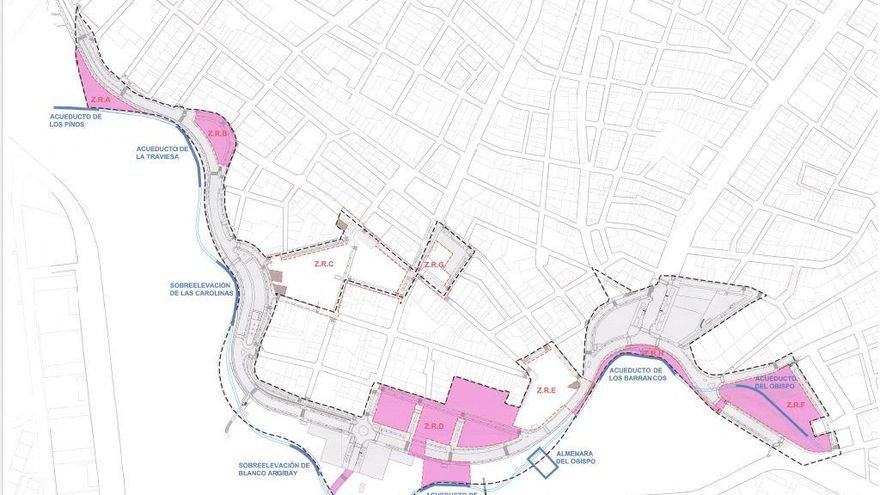 En azul claro el trazado del Canal de Isabel II y en azul oscuro sus elementos históricos