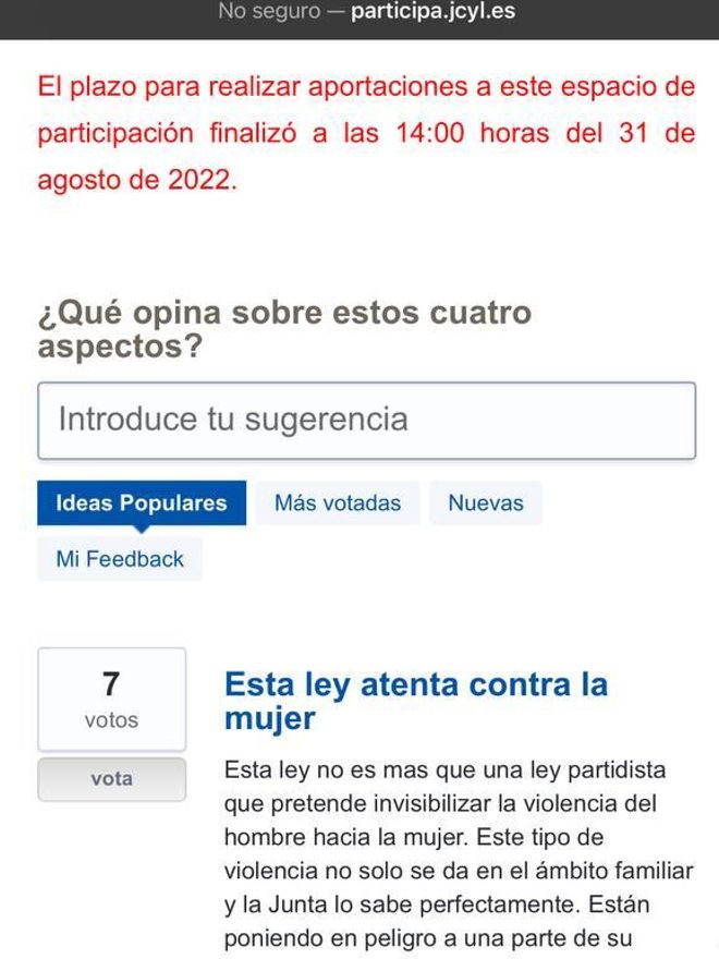 Portal de Gobierno Abierto de Castilla y León donde aparece el plazo de recepción de sugerencias para la futura Ley de Violencia Intrafamiliar.