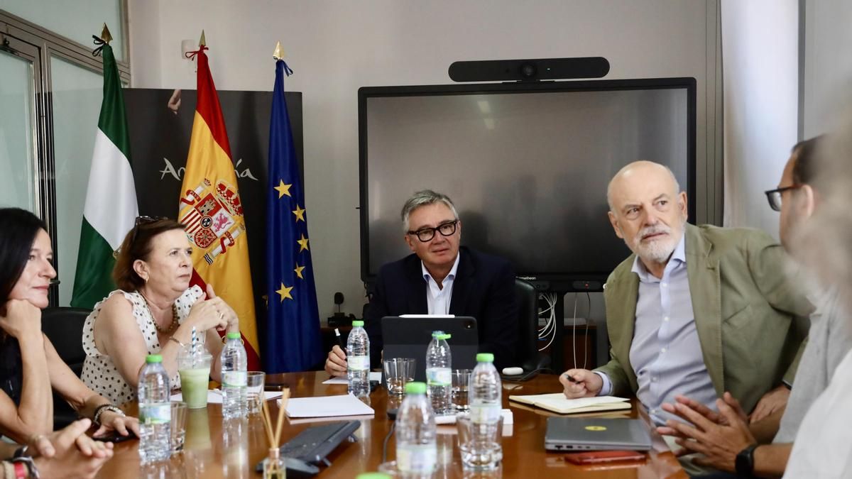 El vicepresidente segundo y consejero de Turismo, Justicia, Desregulación y Administración local, Manuel Gavira (c), junto al viceconsejero de Turismo y Justicia, Rafael Sánchez Saus (2d), mantiene una reunión de trabajo durante una visita institucional a
