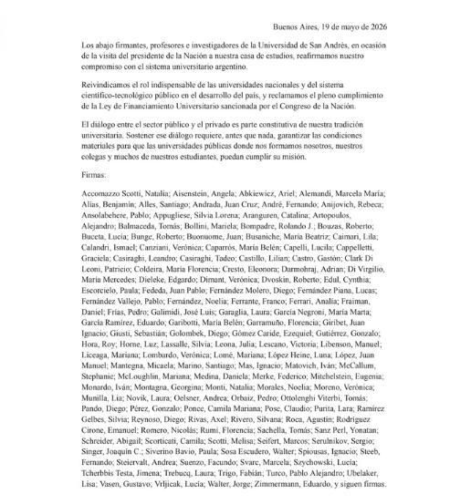 Comunicado de docentes de la Universidad de San Andrés.