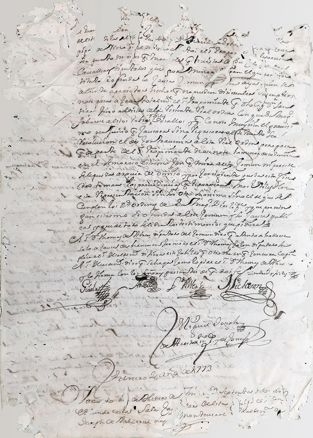 Facsímil del acta original de 1773