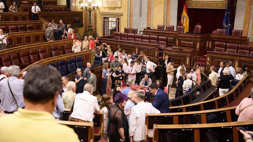 Un grupo de visitantes entran al Congreso, durante la Jornada de puertas abiertas en el Congreso de los Diputados, a 13 de junio de 2025, en Madrid (España).