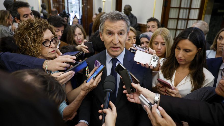 El líder del Partido Popular, Alberto Núñez-Feijóo, se dirige a medios de comunicación a su llegada al Congreso de los Diputados donde se celebra la sesión de control al Gobierno, este miércoles. EFE/Mariscal
