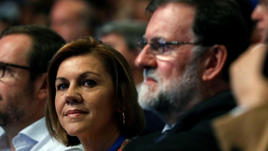 El expresidente Mariano Rajoy y la exministra María Dolores de Cospedal, durante el XIX Congreso del PP en 2018. EFE/ Juan Carlos Hidalgo