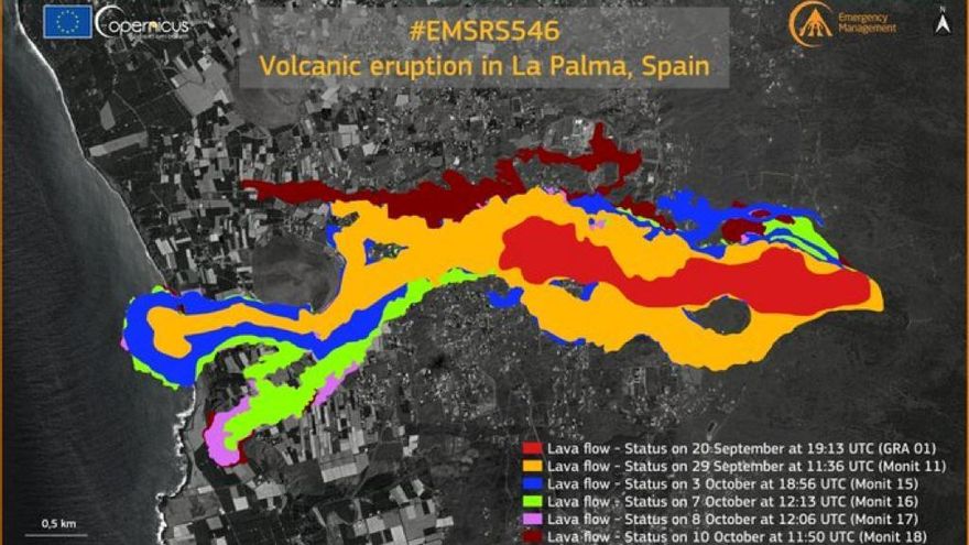 Avance de las coladas de lava, según Copernicus, con la actualización del 10 de octubre