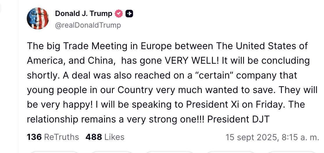 Truth Social de Trump sobre Tiktok.