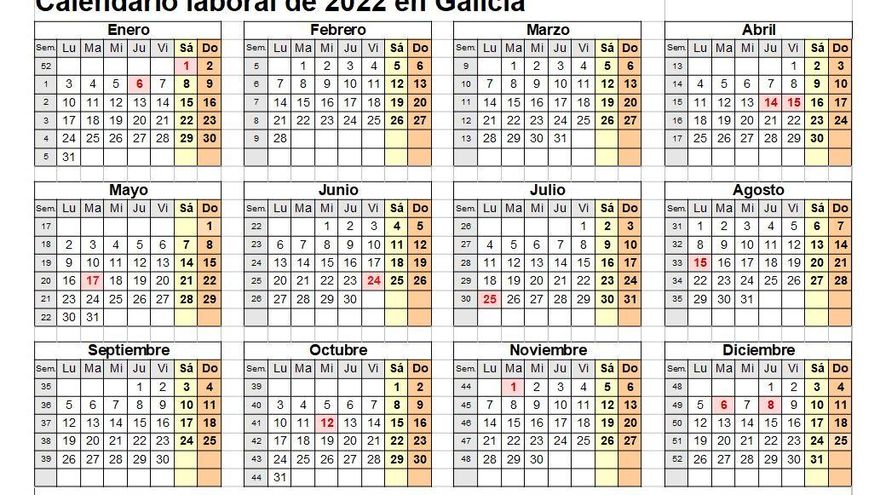Calendario laboral para el año 2022 en Galicia: estos son los ocho posibles puentes