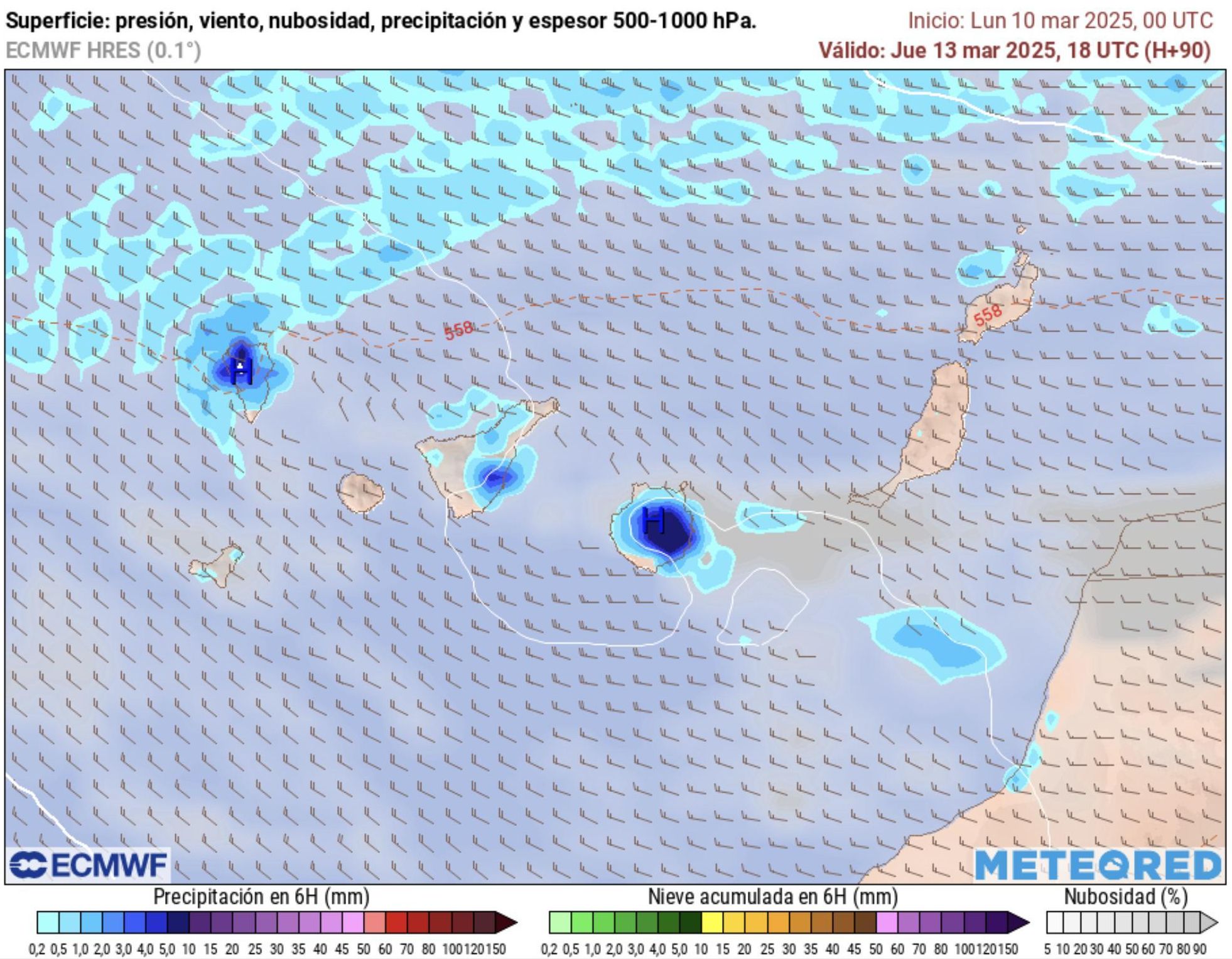 Mapa de lluvia acumulada en Canarias para este jueves, según la previsión del modelo europeo.