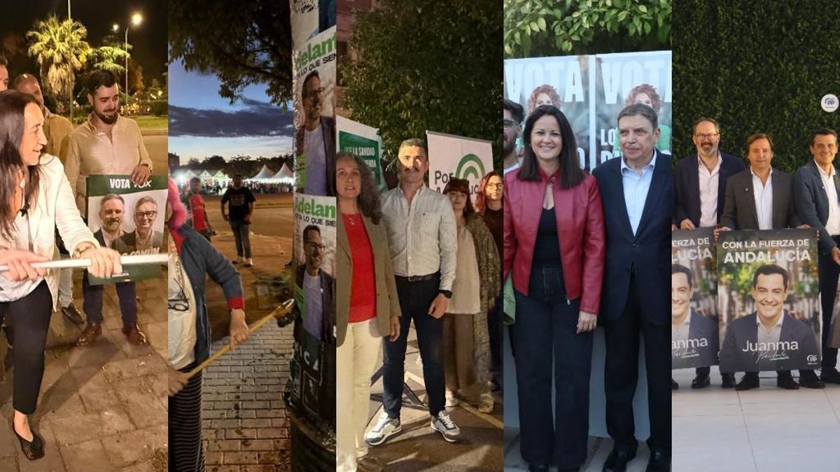 Pegada de carteles de derecha a izquierda del PP, PSOE, Por Andalucía, Adelante Andalucía y Vox.