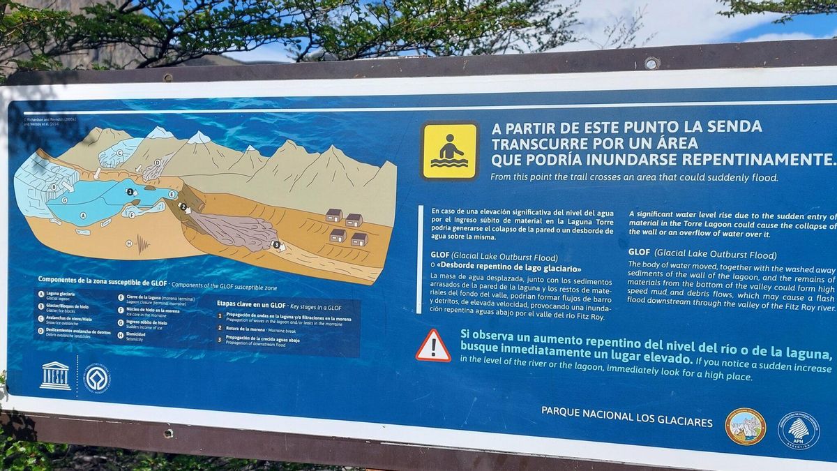 Cartel de advertencia en el sendero al lago Torre. Foto: cortesía Lucas Ruiz