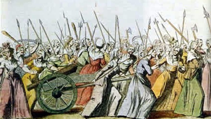 Grabado de mujeres marchando sobre Versalles (1789)