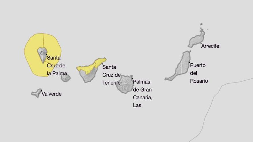 Mapa de la Aemet del aviso de riesgo por fenómenos costeros en La Palma este domingo, y por viento en el norte de Tenerife.