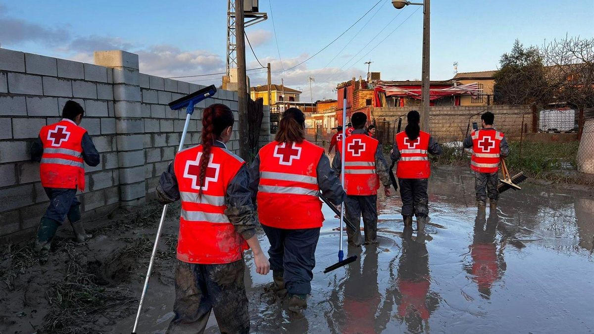 Equipo de voluntarios de Cruz Roja en labores de limpieza en las parcelaciones de Córdoba inundadas por la crecida del río Guadalquivir.