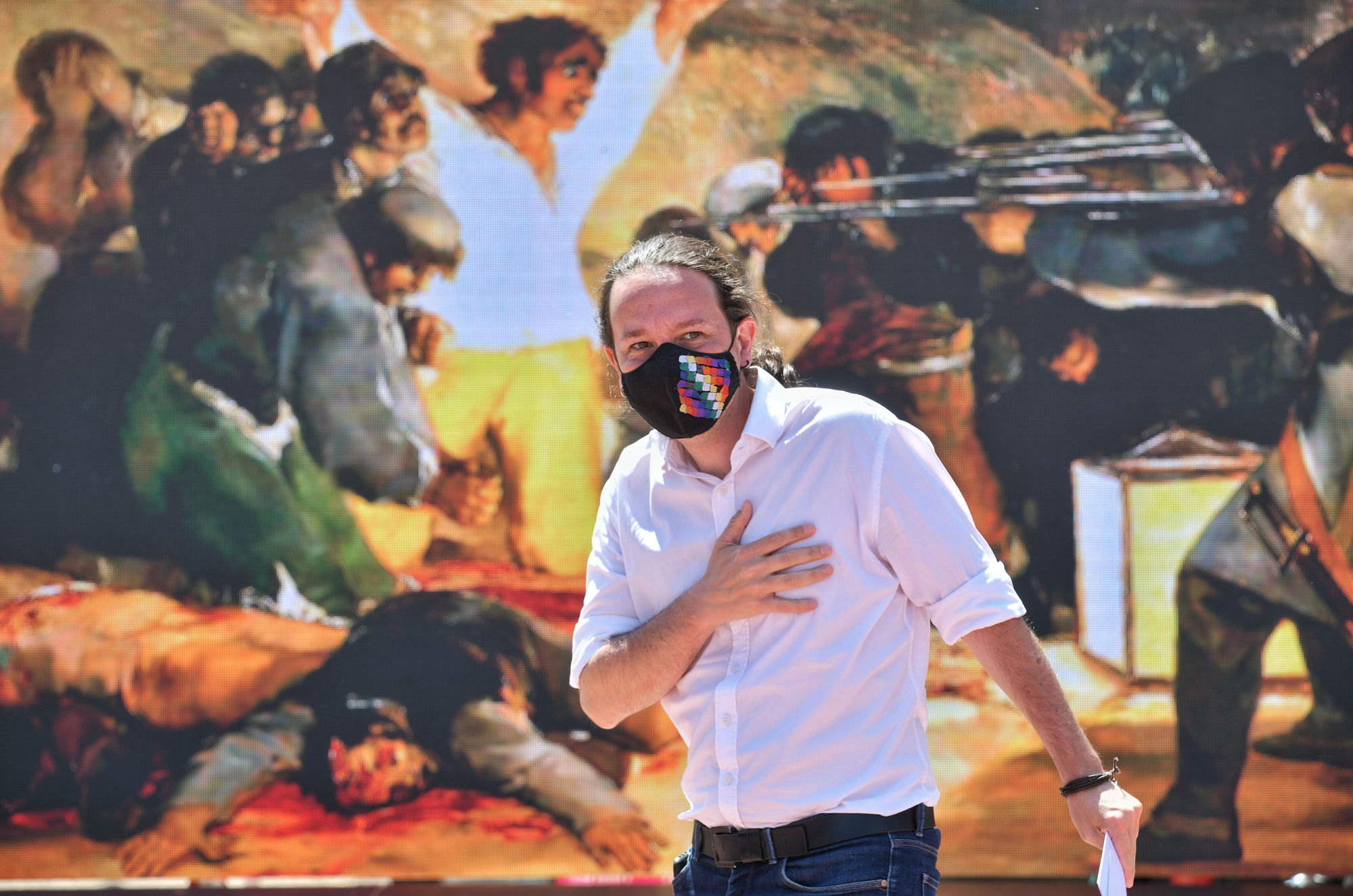 El candidato de Unidas Podemos el 4M, Pablo Iglesias, durante el acto de este domingo en Móstoles (Madrid)