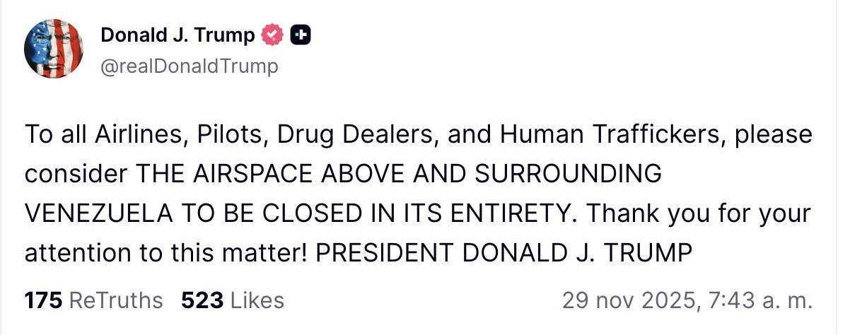 Truth Social de Trump sobre el espacio aéreo venezolano.