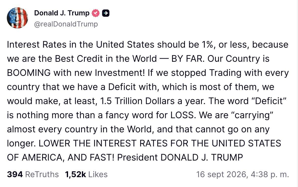 Truth Social de Trump sobre la decisión de la Fed de subir los tipos de interés.