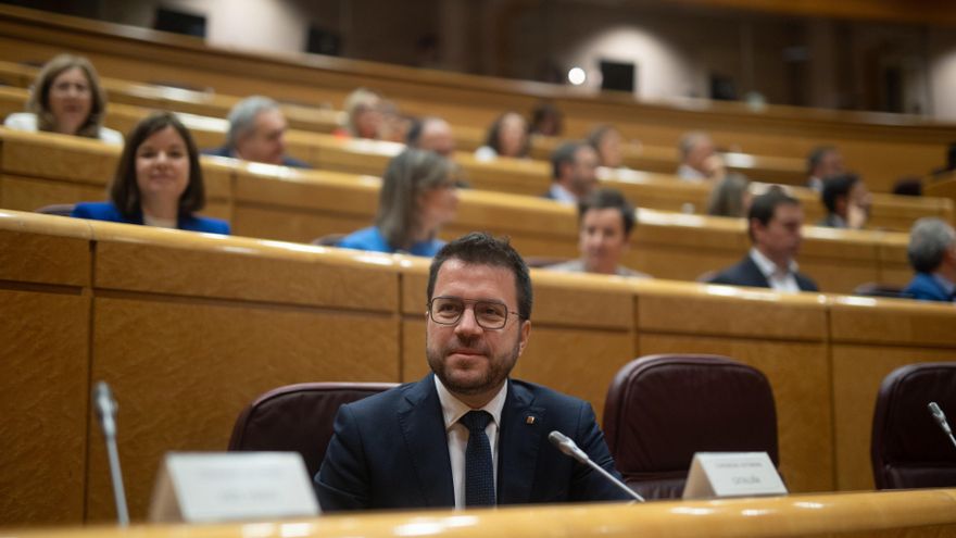 El presidente de la Generalitat, Pere Aragonès, durante la reunión de la Comisión General de las Comunidades Autónomas, en el Senado, a 8 de abril de 2024, en Madrid (España). La reunión de la Comisión General de las Comunidades Autónomas ha sido convocad