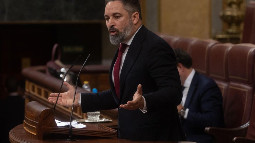 Archivo - El presidente de VOX, Santiago Abascal, interviene durante una sesión plenaria, en el Congreso de los Diputados.
