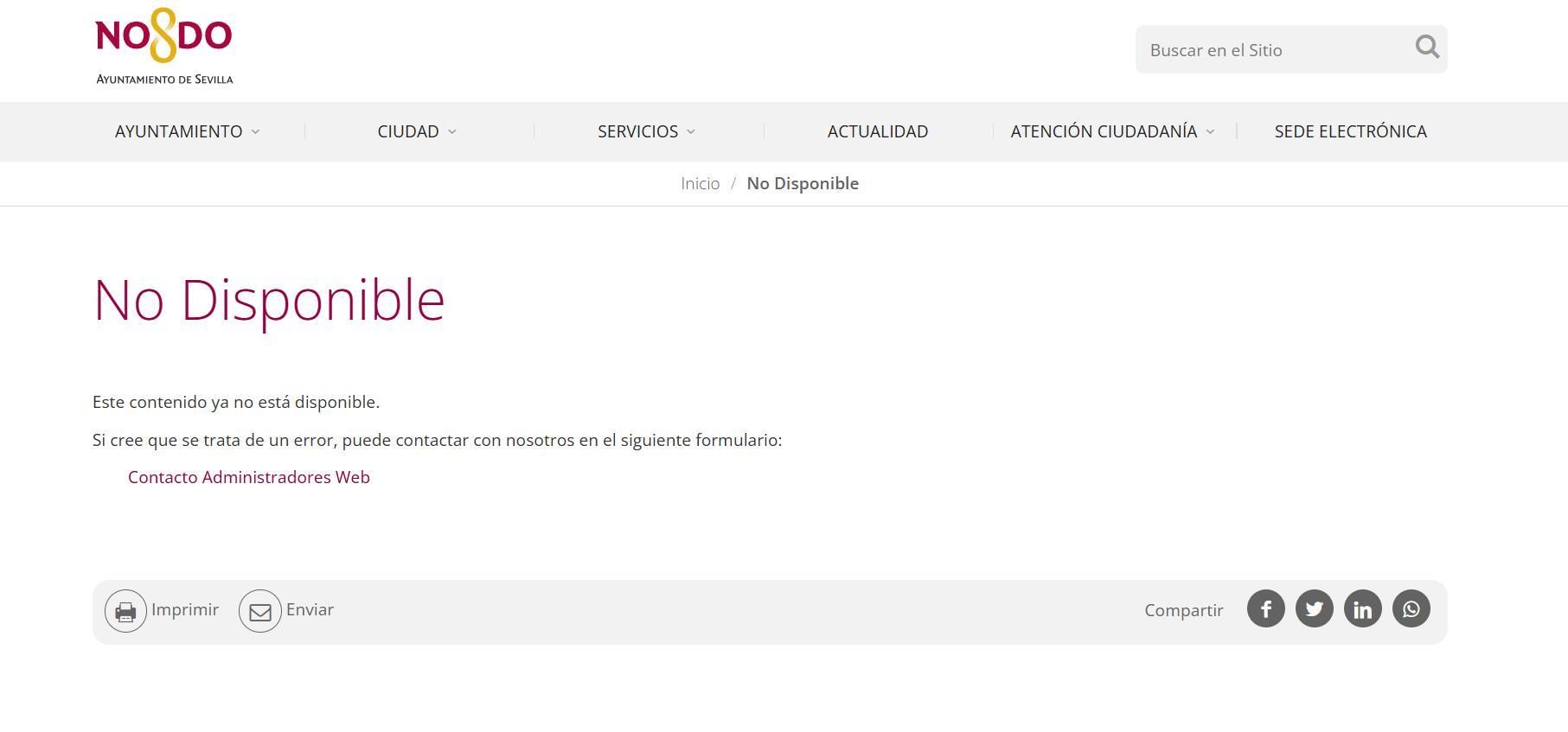 Resultado que arroja la web municipal cuando se busca el sitio que tenía la Oficina de Memoria Histórica.