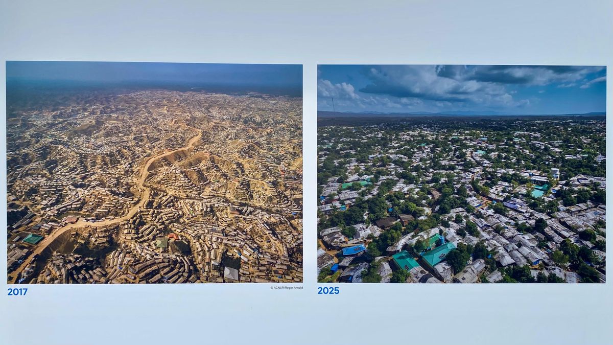 Fotos en el escaparate de la exposición "Fronteras del clima" que comparan el campamento Kutupalong, en Bangladesh, tras haber empezado a dar bombonas de gas para cocinar